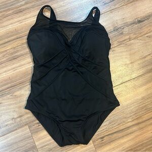 Longitude Women’s 22W Black One Piece Swimsuit Mesh Neckline Tummy Control